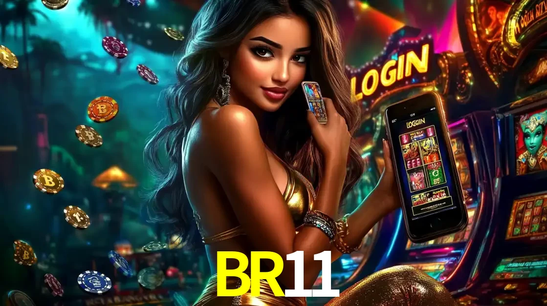 Mulher em um cenário de cassino temático de aventura, mostrando o app de caça-níqueis da BR11 no celular. Fichas de apostas flutuam ao redor.