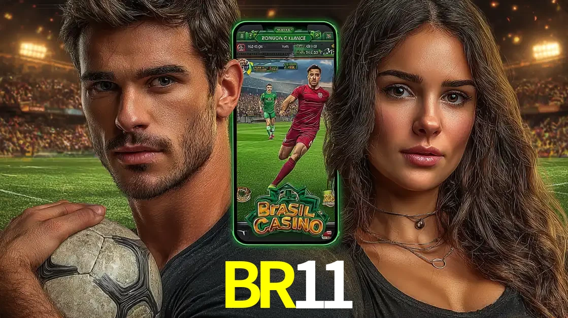Homem segurando uma bola de futebol e uma mulher ao lado de um smartphone exibindo o jogo de apostas esportivas da BR11. Faça seu palpite no cassino online.